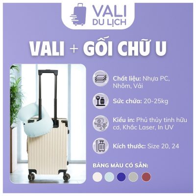 đặc điểm Bộ Vali Khung Nhôm Và Gối Kê Cổ Dáng Chữ U In Logo VL-CB03