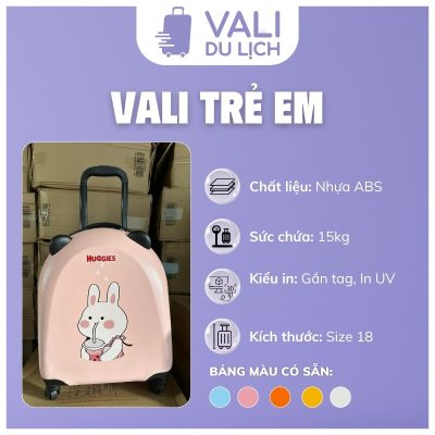 đặc điểm Vali Trẻ Em Size 18 Nhựa Sần Gắn Tai Gấu In Logo VL-VLT07