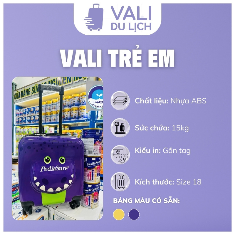 đặc điểm Vali Cho Bé Dáng Hộp Size 18 Hình 3D In Logo VL-VLT09